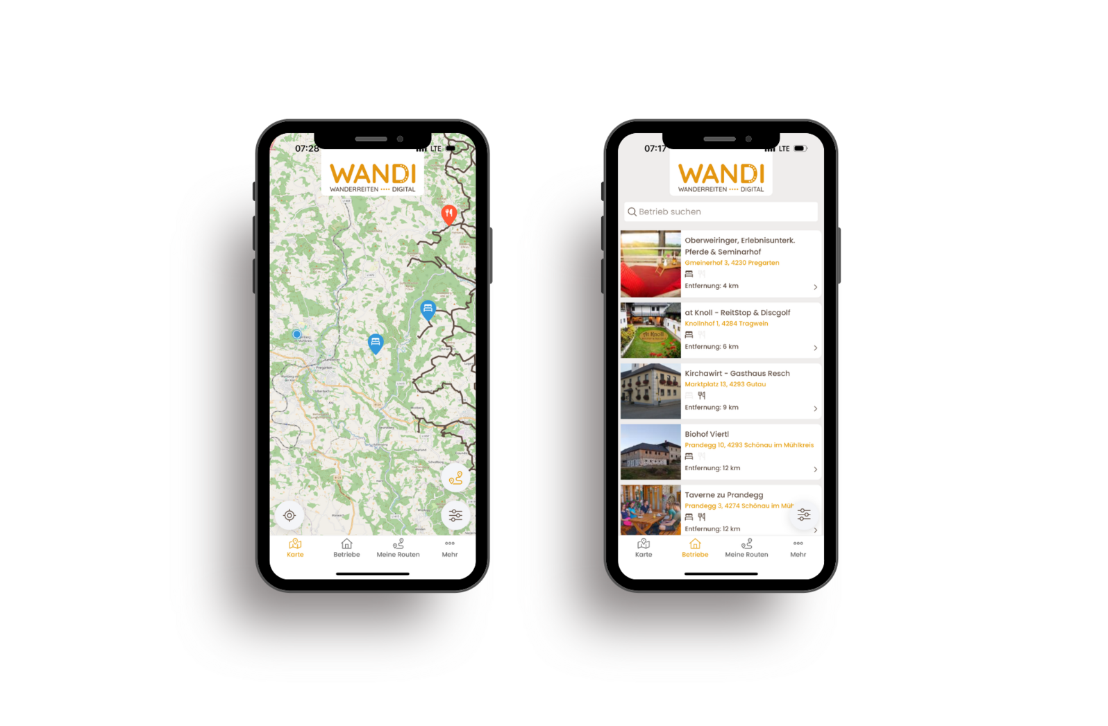 Zwei MockUp Ansichten der App am Smartphone von der Map Ansicht und der Unterkünfte