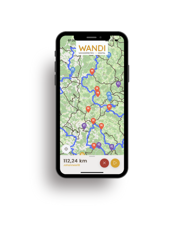 Mock Up Ansicht der WANDI App am Smartphone einer geplanten Route