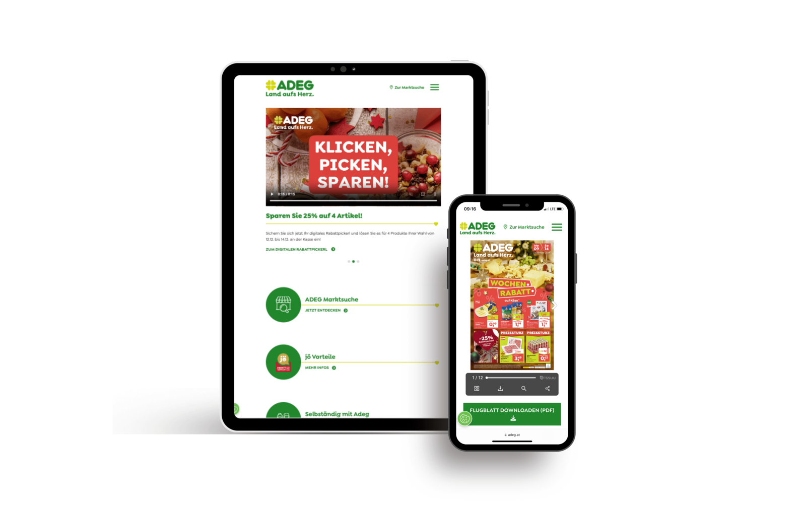 Screen MockUp der Website und der Flugblatt Ansicht von ADEG.at auf Tablet und Smartphone
