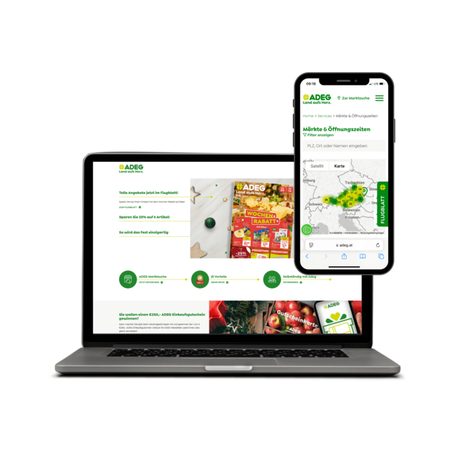 Screen MockUp der Startseite und der Marktsuche von ADEG.at auf Laptop und Smartphone