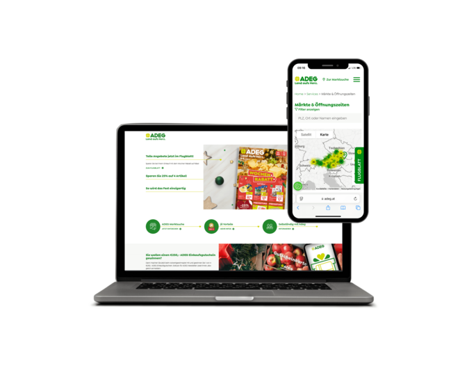 Screen MockUp der Startseite und der Marktsuche von ADEG.at auf Laptop und Smartphone