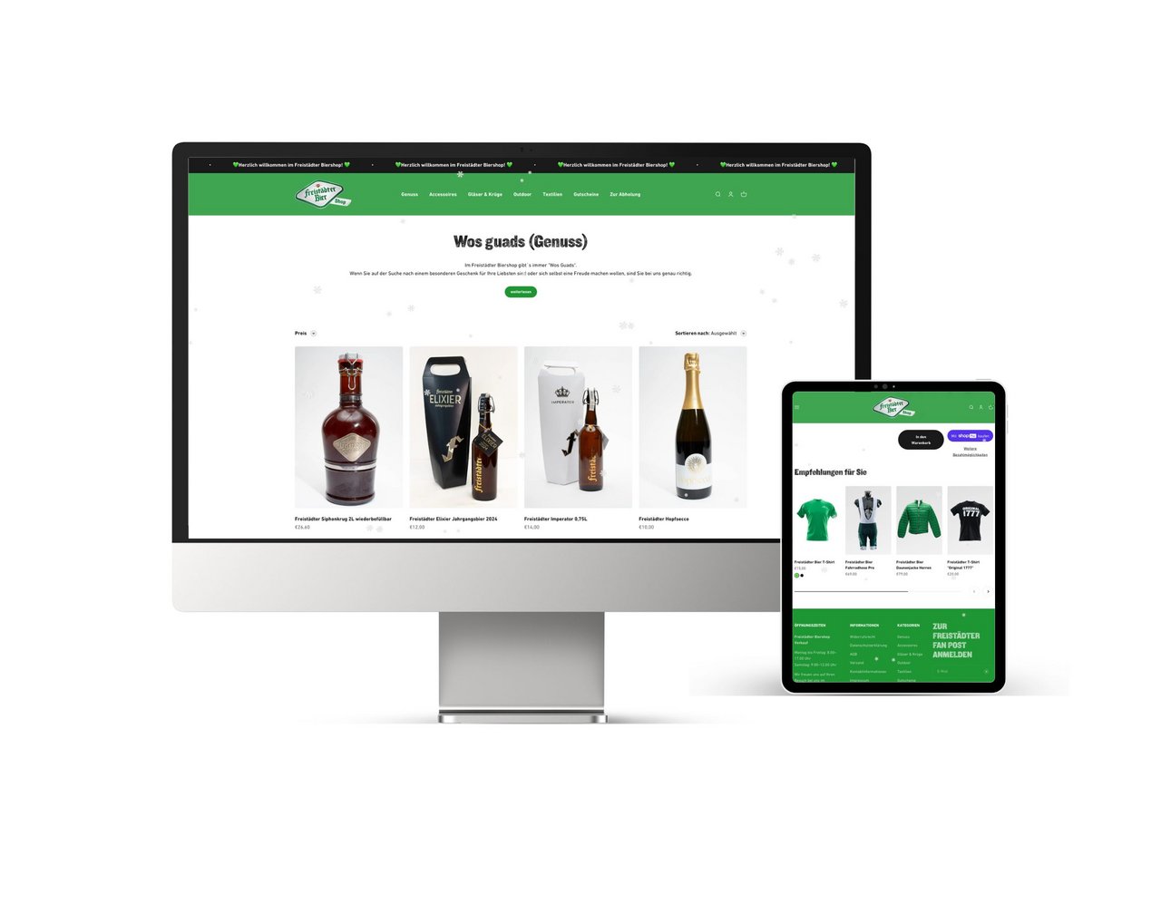 Mock Up vom neuen Shopify Freistädter Bier Fan Shop 