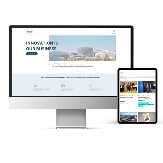 Screen MockUp der Business Upper Austria Website am iMac und iPad 