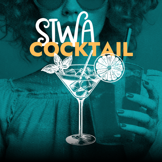 Einladung zum SIWA Cocktail am 2. Juli 2025. Petrolblauer Hintergrund mit Frau und Cocktail und weißes Vektorgrafik mit Cocktailglas.